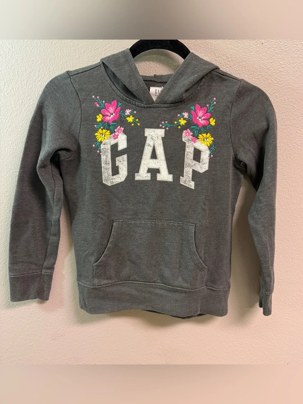 GAP Charcoal Girls Hoodie with Pink & Yellow Floral Accent